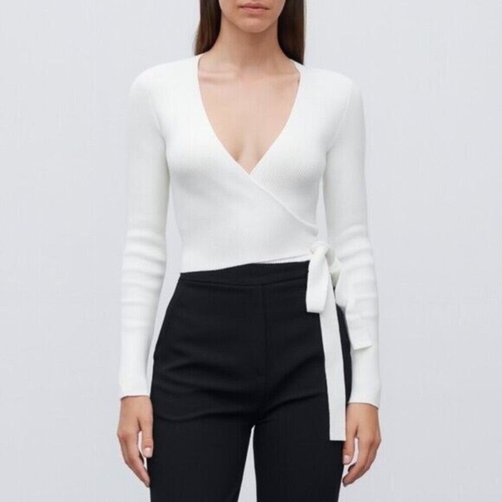 Missguided White Ribbed Wrap V neck Top Long Sleeve Size Small